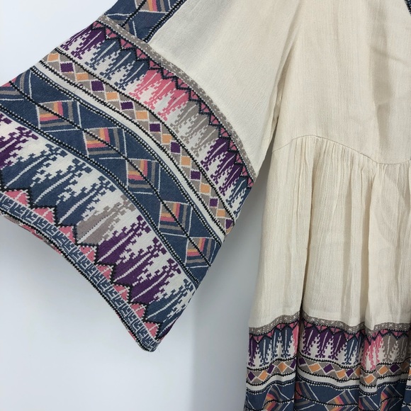 Free People Cream & Blue Patterned Dress V Neck Front Medium - Picture 3 of 7